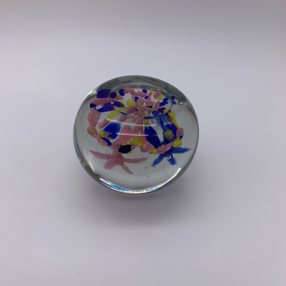 Stunning Vtg. Cobalt Blue Pink & Yellow Flowered Art Glass PAPERWEIGHT 3” - Picture 10 of 14